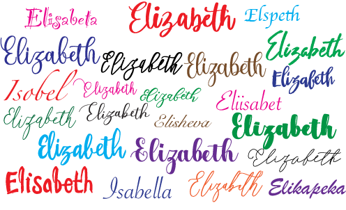 The Elizabeth Queen’s name is written many times in different languages with different colors. 