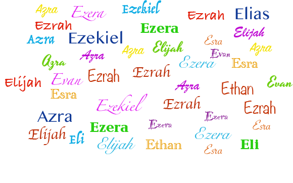 Background with many different types of writings in many colors for the name Ezra.