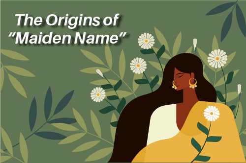 A girl with yellow cloths in the green nature with the text of the origins of maiden name.