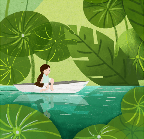 A girl sitting on her boat in the lake looking at the nature. 